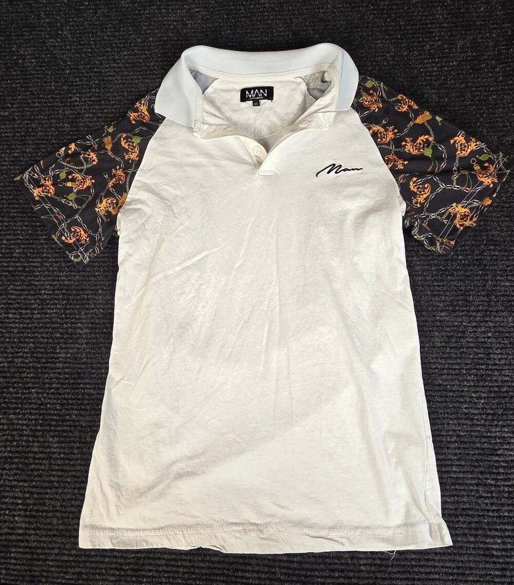 BoohooMAN Polo Shirt Size XS White Black Gold Chain Print Short Sleeve